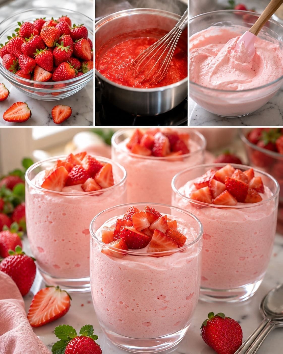 Deze aardbeienmousse is gewoonweg onweerstaanbaar – fris, luchtig en met een intense en natuurlijke aardbeiensmaak. Je hoeft hem niet te bakken, hij is binnen enkele minuten klaar en perfect te serveren in individuele glaasjes om indruk te maken op je gasten.