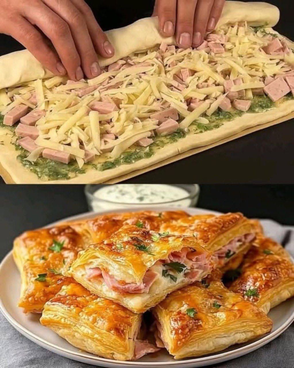 Ik bak deze twee keer per week – bladerdeegpakketjes gevuld met ham en kaas.