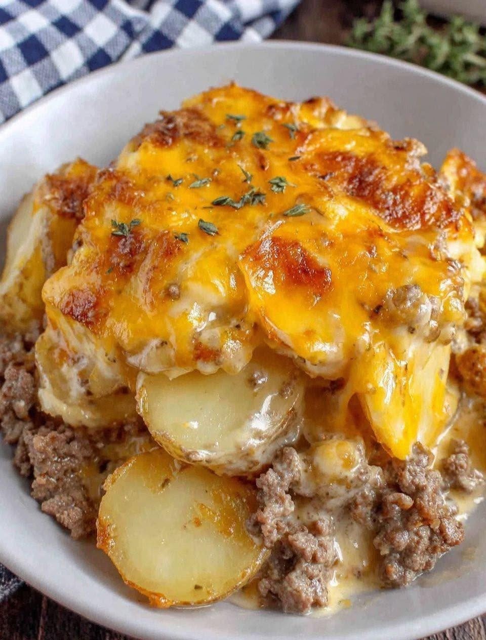 Gratin cu brânză, hamburger și cartofi – consistent, cremos și irezistibil de delicios direct din cuptor