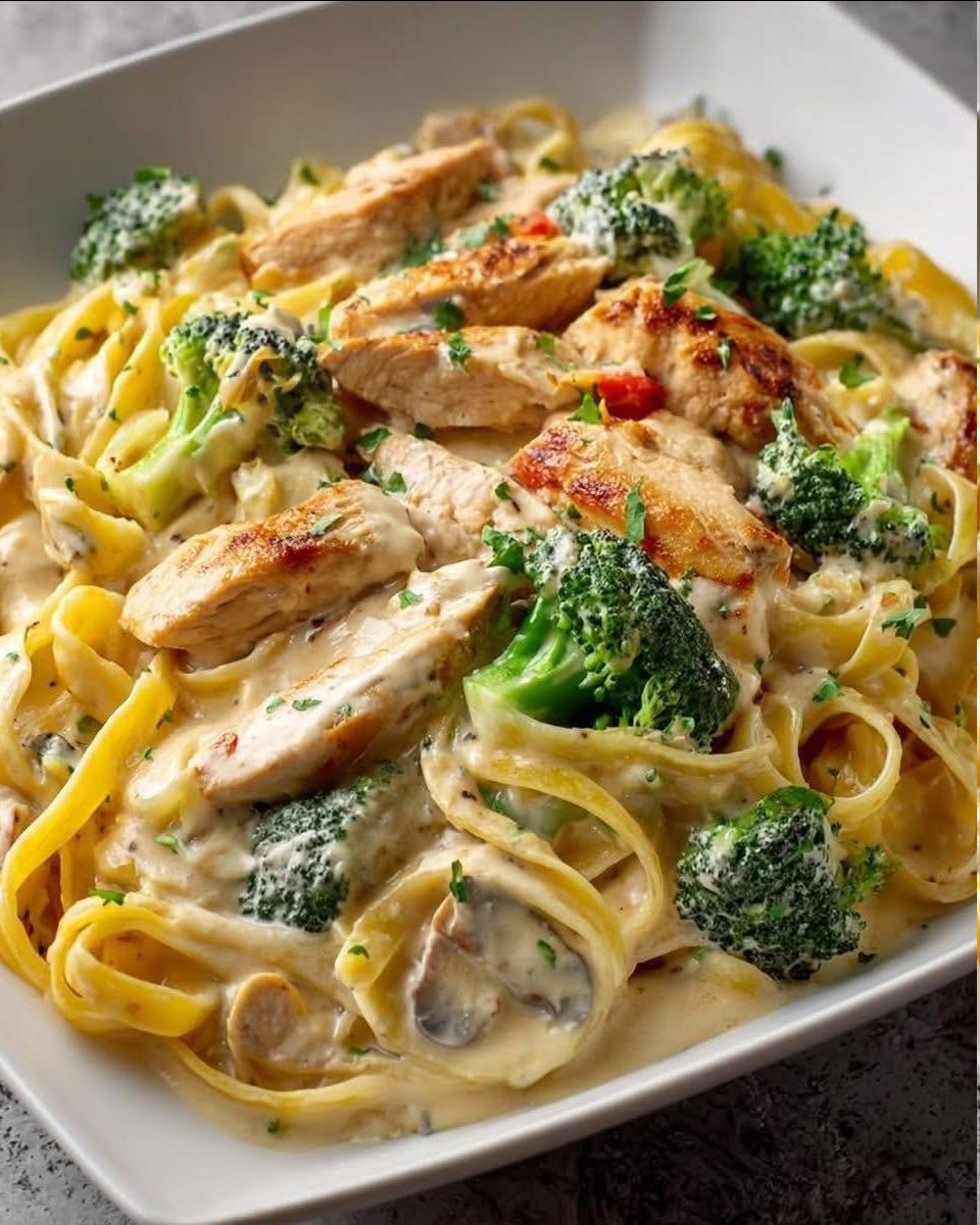 Paste cremoase Alfredo cu pui și broccoli