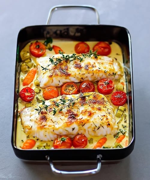 Fileuri de cod la cuptor cu smântână și legume