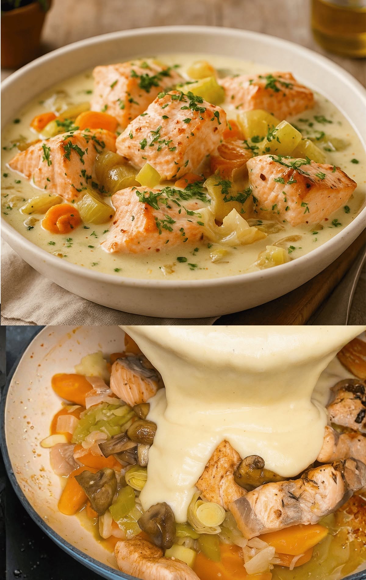 Blanquette de somon cu praz și morcovi 🥕🐟 O mâncare ușoară, cremoasă și gustoasă… ușor de preparat și perfectă pentru întreaga familie