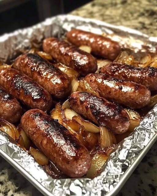 Cârnați la cuptor cu ceapă caramelizată